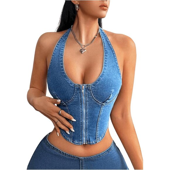 Women's Denim Vest Cropped Top Sleeveless Halter Open Back Casual Blouse